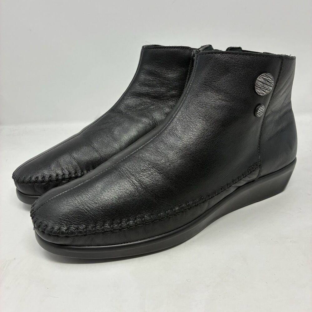 SAS Jade Wedge Boot Black Size 11 M Women's Leather Moc Toe Bootie Side Zipper